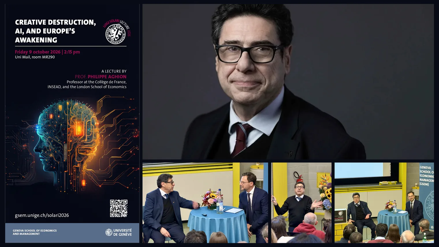 Poster of the 2026 Solari Lecture, Creative Destruction, AI, and Europe's Awakening, with Professor Philippe Aghion at the University of Geneva